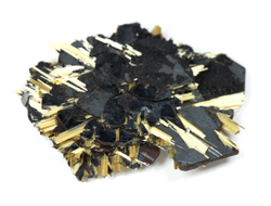 Редкость! Рутил свободного роста, сростки "звезды" золотистых игольчатых кристаллов на кристаллах гематита, Бразилия (25*20*4 мм, 3,3 г) №37916