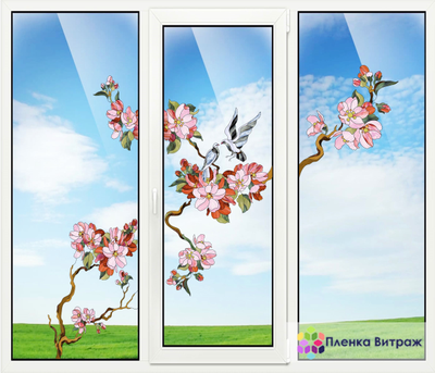 Витражная пленка, витражная пленка самоклеющаяся под заказ,пленочный витраж флора с птицами
