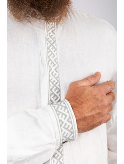 Деловая сорочка "Здрава" белый лён/серая вышивка