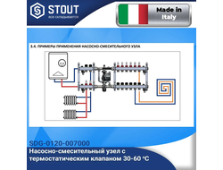 Насосно-смесительный узел STOUT 30-60°C, c байпасом и насосом STOUT 25/60-130мм, Италия/Словения