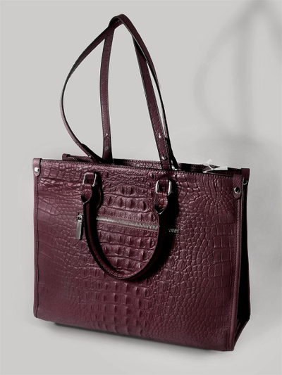 (АРТИКУЛ: 10105/1/5) СУМКА ЖЕНСКАЯ БОЛЬШАЯ, НАТУРАЛЬНАЯ КОЖА С ТИСНЕНИЕМ "КРОКОДИЛ", ТЕМНО-БОРДОВАЯ, РУЧКИ И РЕМЕНЬ ЧЕРЕЗ ПЛЕЧО
