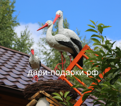 Аисты в гнезде Парочка ( Аист-70см, аист-72см ) полистоун Аист - является символом новой жизни. Согласно русским народным поверьям, аист - птица, приносящая счастье в Ваш дом. Также аист покровительствует рождению детей.