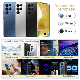 Смартфон note S22pro 10 ядер,  HD +, 7,3 дюйма оригинальный, 16 ГБ + 1 ТБ, Android 12, Type-C