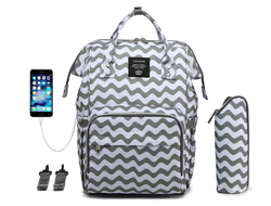 СУМКА-РЮКЗАК ДЛЯ МАМЫ LEQUEEN С USB (серый-белый, волны)