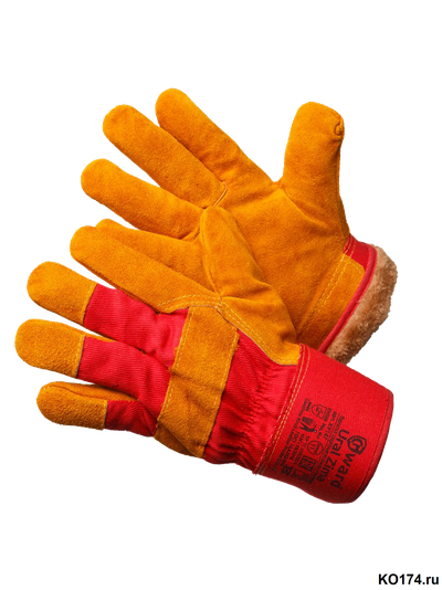 Перчатки спилковые утепленные комбинированные оранжевого цвета Ural Zima, утеплитель мех-мутон