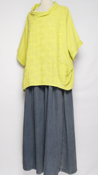 БЛУЗА ЛЁН "КИМОНО ХОМУТ ВЫШИВКА" оранжевая, фуксия, желтая, лайм до р.56