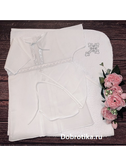 Крестильный набор для девочки серебро: платье-рубашка, чечпик, махровое полотенце 90х90см с капюшоном, размеры от рождения до 18 мес., можно вышить любое имя