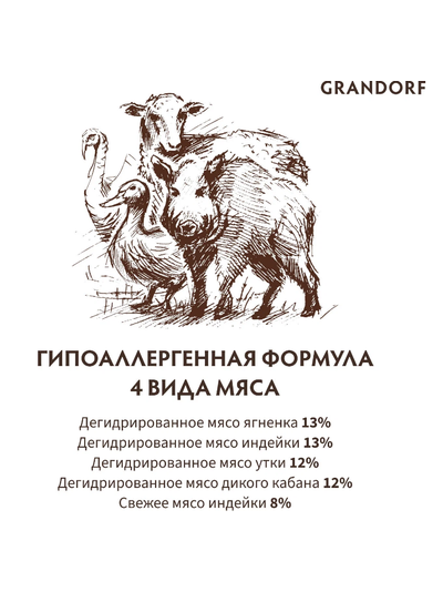 Grandorf (Грандорф): сухой корм для собак мини-пород 4 вида мяса с пробиотиками, 3 кг