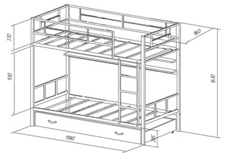 Двухъярусная кровать металлическая ФМ - СВ 2 + Полки и Ящик (190х90) + 100 бонусов