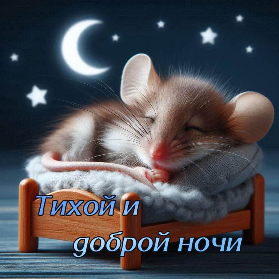 Мышонок спит в маленькой кроватке и пожелание доброй ночи