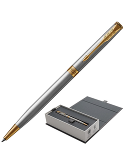 Ручка подарочная шариковая PARKER "Sonnet Core Stainless Steel GT Slim", тонкий серебристый корпус, позолота, черная, 1931508