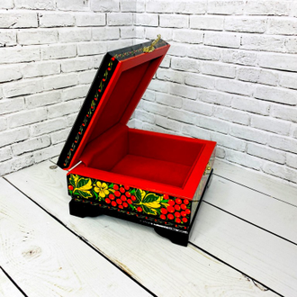 Шкатулка для украшений Птица с рябиной 120*115 мм деревянная с росписью Хохлома