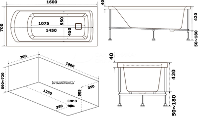 Акриловая ванна Bas Аякс 160x70 см, с каркасом схема