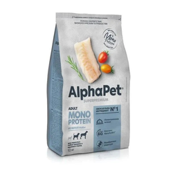 AlphaPet (АльфаПет) Superpremium Monoprotein сухой корм для взрослых собак средних и крупных пород с белой рыбой, 12 кг