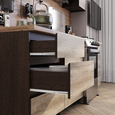 Кухня Энигма 1,6м Дуб каньон/венге столешница "Дуб кера" 38 мм в комплекте (1200/400 мм)