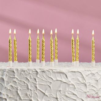 Свечи в торт &quot;С днём рождения&quot; 10 шт, средние,бронзовый металлик