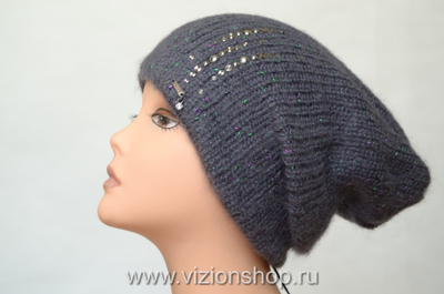 Шапка серая с зеленым из альпака и мохера Vizio Италия 36168 зима 2019