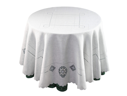 Большая праздничная белая скатерть диаметр 190 см на круглый стол с вышивкой в стиле рустик
