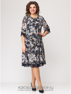 Модель: 2202.Женское шифоновое  платье в черном цвете с цветочным принтом