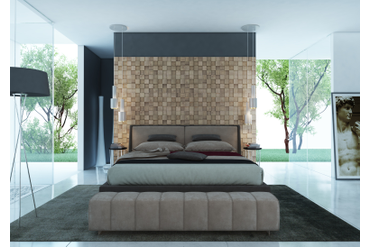 Стеновая панель из массива дуба "Квадратики пиксели" (артикул 1026-ST) в интерьере спальни