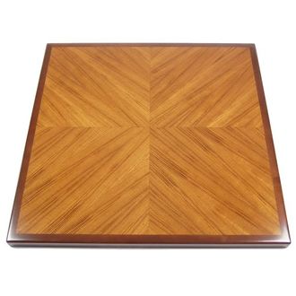 Quartered Figured Teak Veneer in Reverse Diamond Box Pattern with Stained Maple Wood Edge