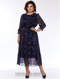 Модель: 2483.Женское шифоновое платье в синем цвете с цветочным принтом