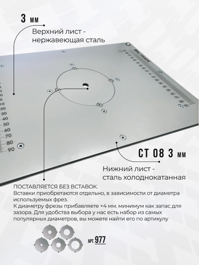 Пластина под Калибр ФЭ-1900/12М+ для установки фрезера в стол 350*250 ММ. с гравировкой линеек