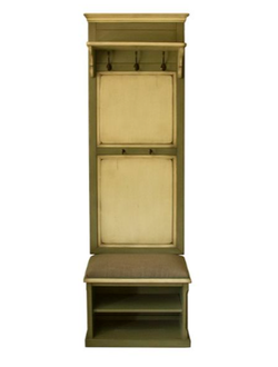 Вешалка узкая с напольной открытой тумбой и мягким сиденьем.