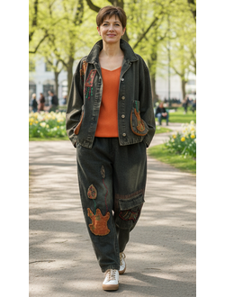 Костюм: джинсовка и джинсы "НАШИВКИ ЛЕПЕСТКИ1" т.серый р.46-52