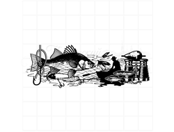 Штамп с рыбаком, рыбой, крючком и сетью