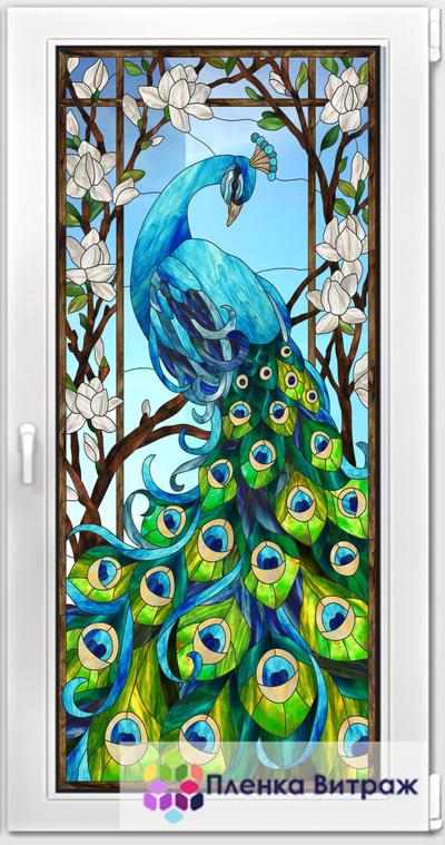 Витражная пленка, витражная пленка самоклеющаяся под заказ,пленочный витраж флора с павлином