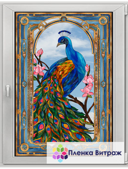 Витражная пленка,витражная пленка самоклеющаяся под заказ,пленочный витраж флора с птицами павлинами