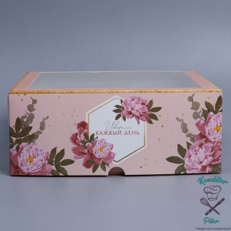Коробка складная на 9 капкейков с окном "Цветы" 25*25*10 см