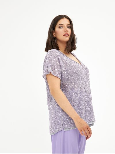 Топ вязанный в лиловом и белом цвете