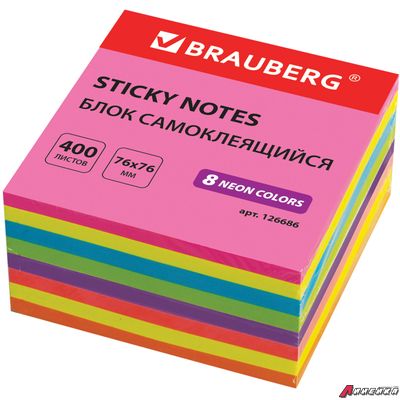 Блок самоклеящийся (стикеры), BRAUBERG, НЕОНОВЫЙ, 76×76 мм, 400 листов, 8 цветов. 126686