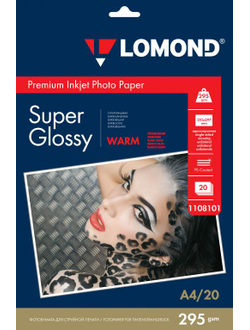 Суперглянцевая тепло-белая (Super Glossy Warm) микропористая фотобумага Lomond для струйной печати, A4, 295 г/м2, 20 листов.