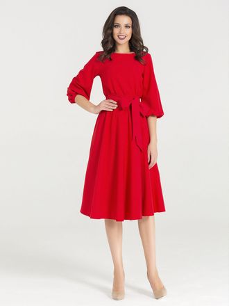 Красное платье миди с рукавом-фонариком