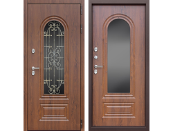 Дверь с ковкой и стеклопакетом Цезарь с панелью дуб темный