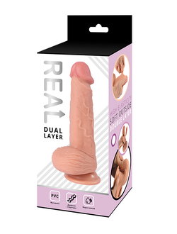 Реалистичный фаллоимитатор REAL Dual Layer с мошонкой на присоске, dual PVC, 14х4 см