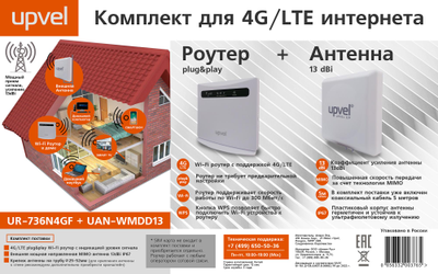 Комплект UR-736N4GF 4G/LTE Wi-Fi роутер стандарта 802.11n 300 Мбит/с + Внешняя антенна UAN-WMDD13 13dbi