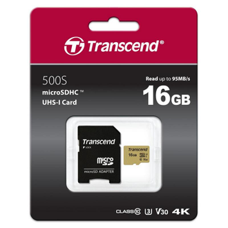Карта памяти Transcend 500S microSDHC 16Gb UHS-I Cl10 + адаптер, TS16GUSD500S