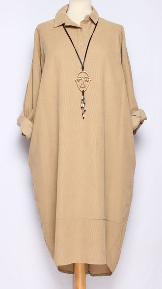 Платье-рубашка Бохо вельветовое "Тюльпан разрез" бежевое до р.52