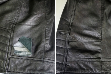 Ремонт кожаной куртки. Сделана вставка из натуральной кожи в месте порыва.