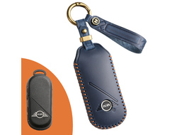 Синий чехол для смарт ключа Mini cooper 2020+. Изделие выполнено из натуральной кожи