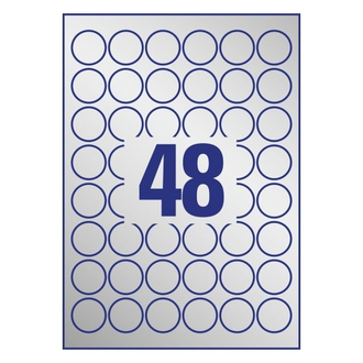 Этикетки А4 всепогодные Avery Zweckform, серебристый полиэстер, Ø30мм, 48шт/л, L6129-20