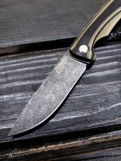Фрикционный складной нож Микрос+ сталь К110 BlackWash, рукоять G10, цвет тайга