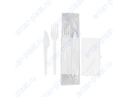 Комплект №4 ЭКОНОМ (вилка белая, нож белый, зубочистка, салфетка белая)