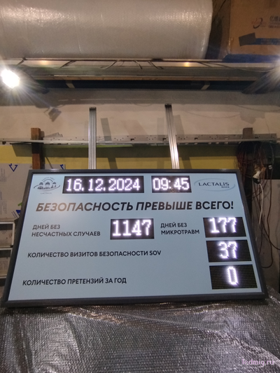Электронное табло "таймер" без несчастных случаев, количество визитов, количество претензий 900*1650см
