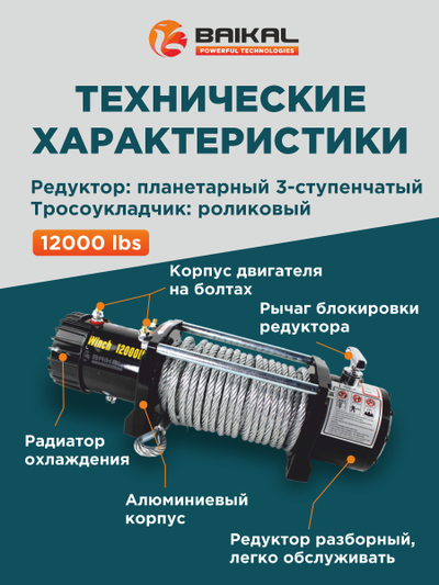 Лебедка автомобильная Electric Winch 12000 LBS 12V стальной трос (влагозащищенная)