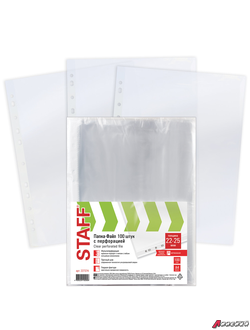 Папки-файлы перфорированные А4 STAFF «ЭКОНОМ», КОМПЛЕКТ 100 шт., гладкие, 22 - 25 мкм. 227374